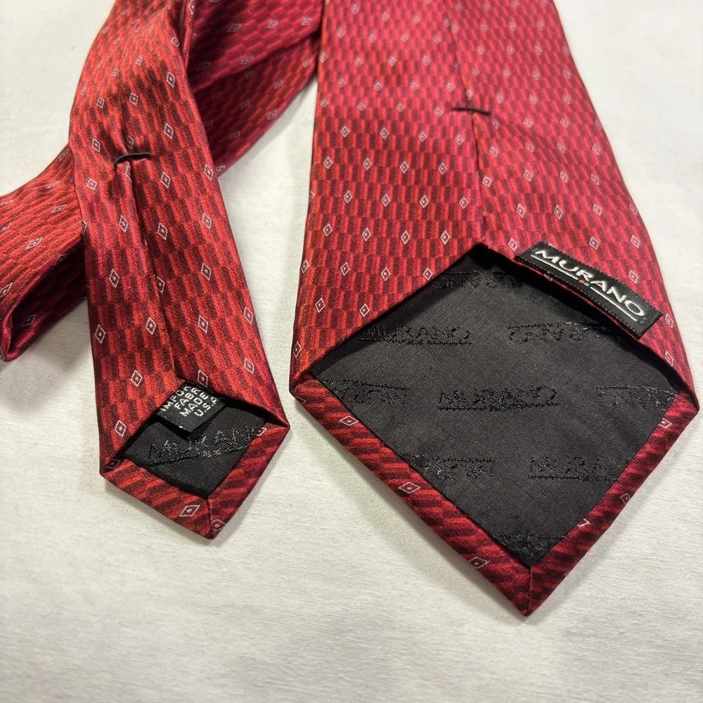 Vtg Murano Mens Necktie Tie Red Grey Geometric Silk 58